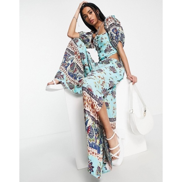 FREE People Blue Bali Citrus Skies Paisley Puff Sleeve Jumpsuit size Small - Picture 5 of 11